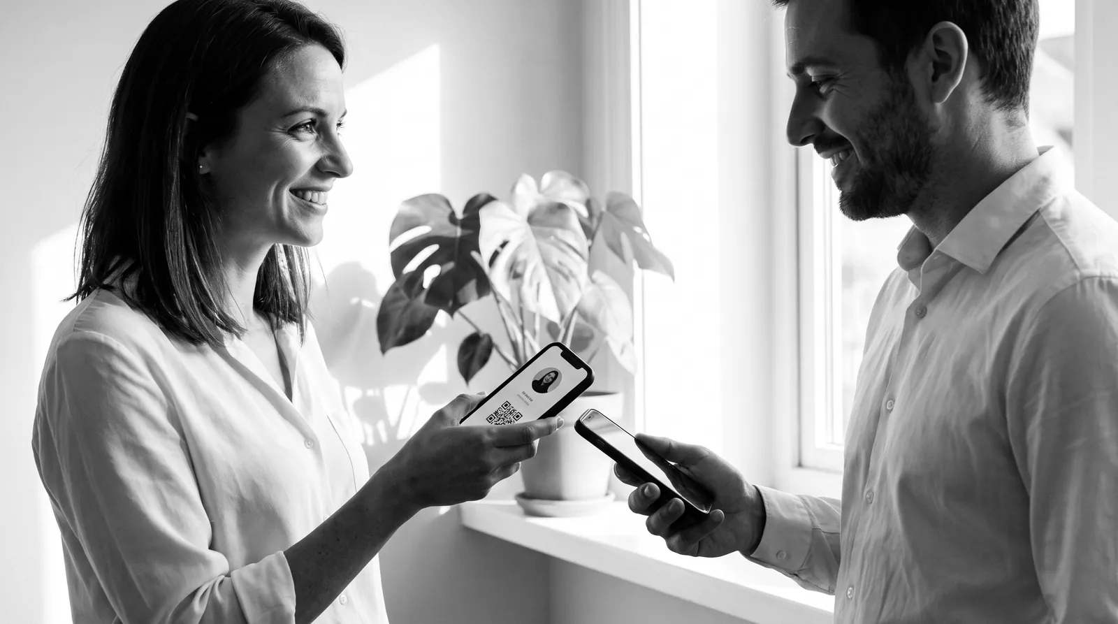 Una mujer acerca su móvil con su tarjeta digital al de un hombre, que guarda su contacto; los dos sonríen